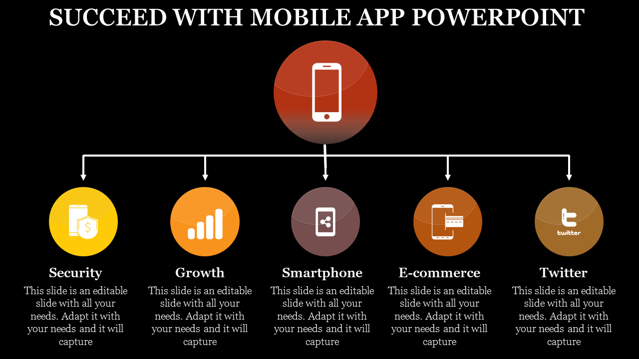 Editable Mobile App PowerPoint Template with Five Nodes
